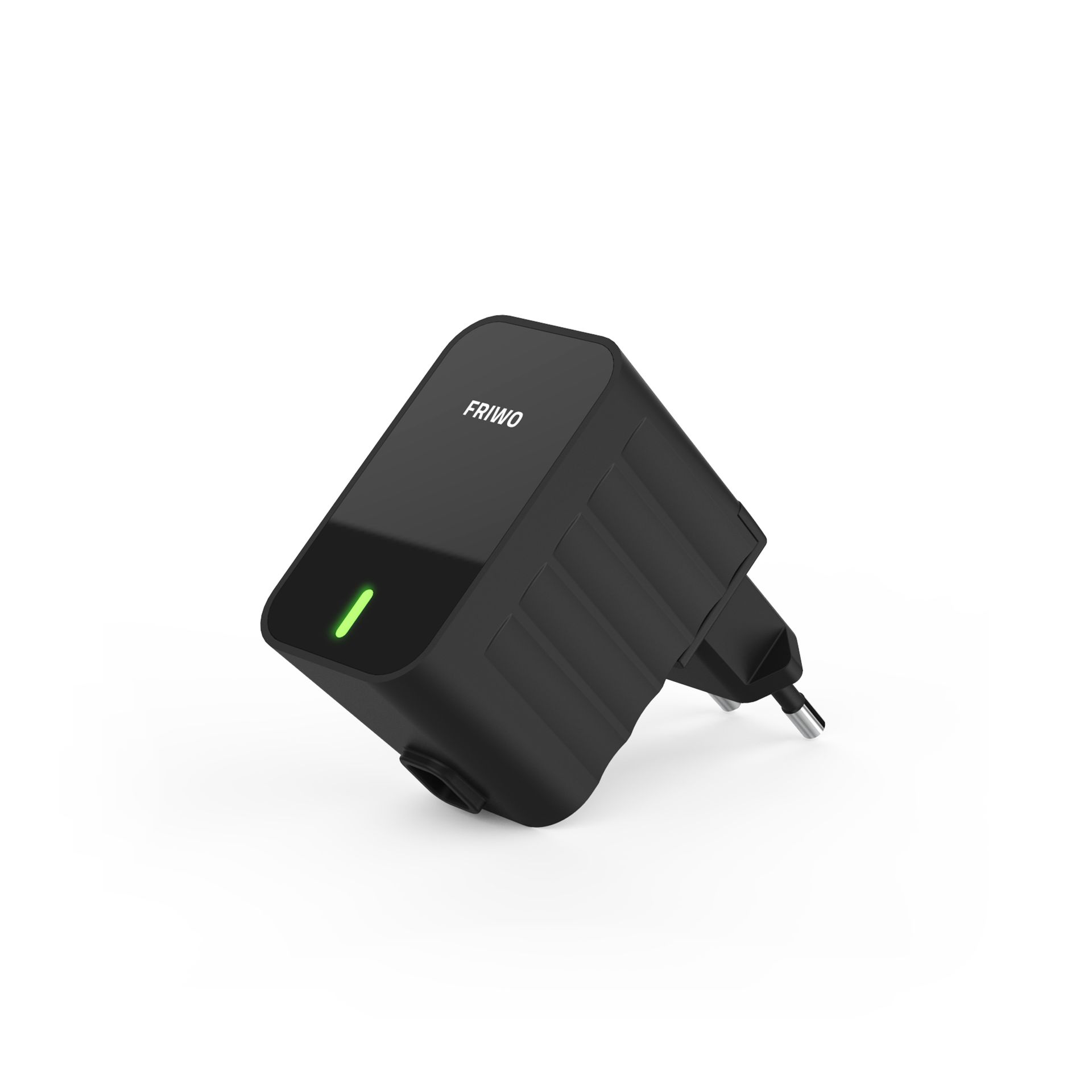 A black power supply is sitting on a white surface