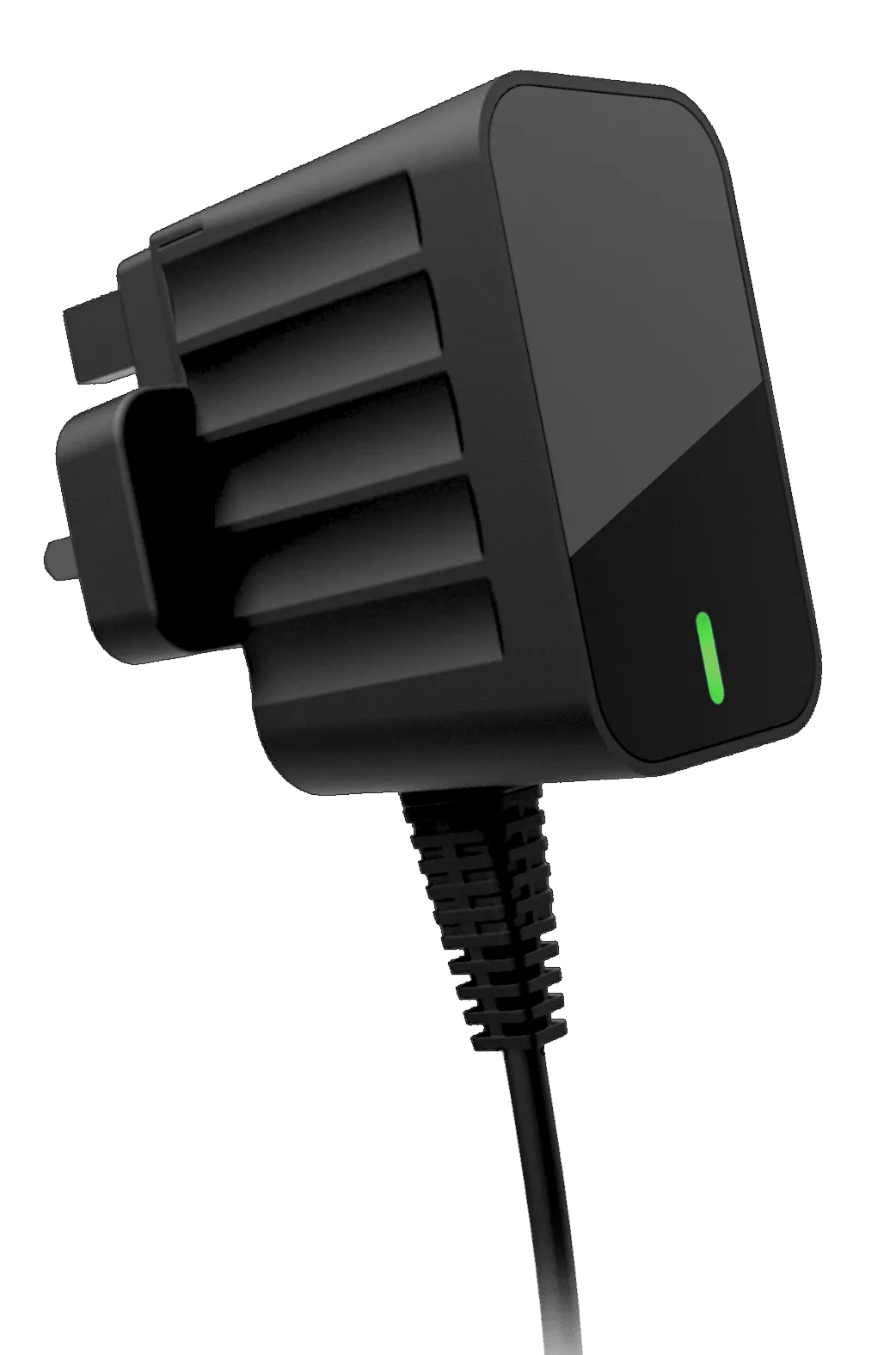 A black charger with a green light on it is on a white background.