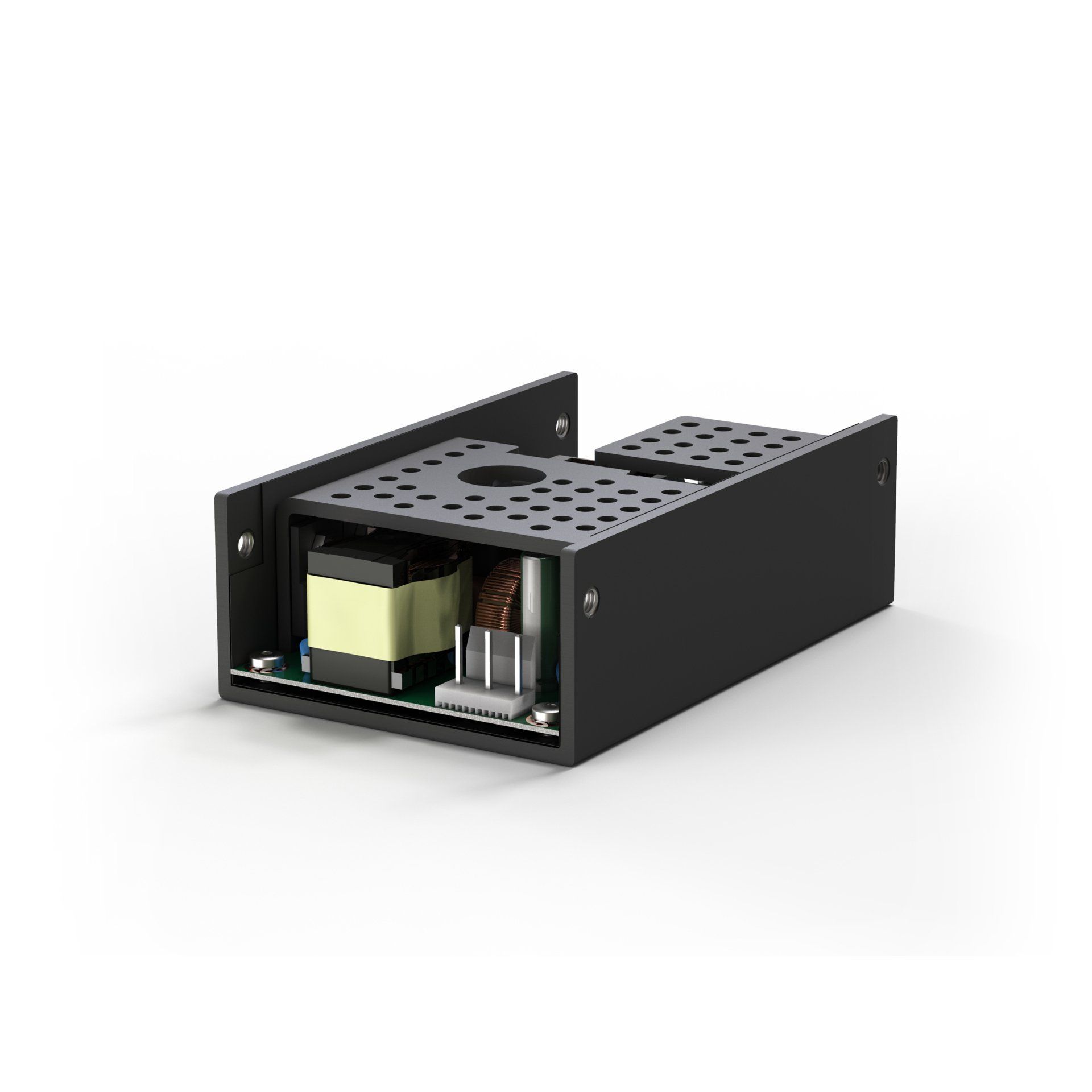 An open frame power supply with a transformer inside of it on a white background.