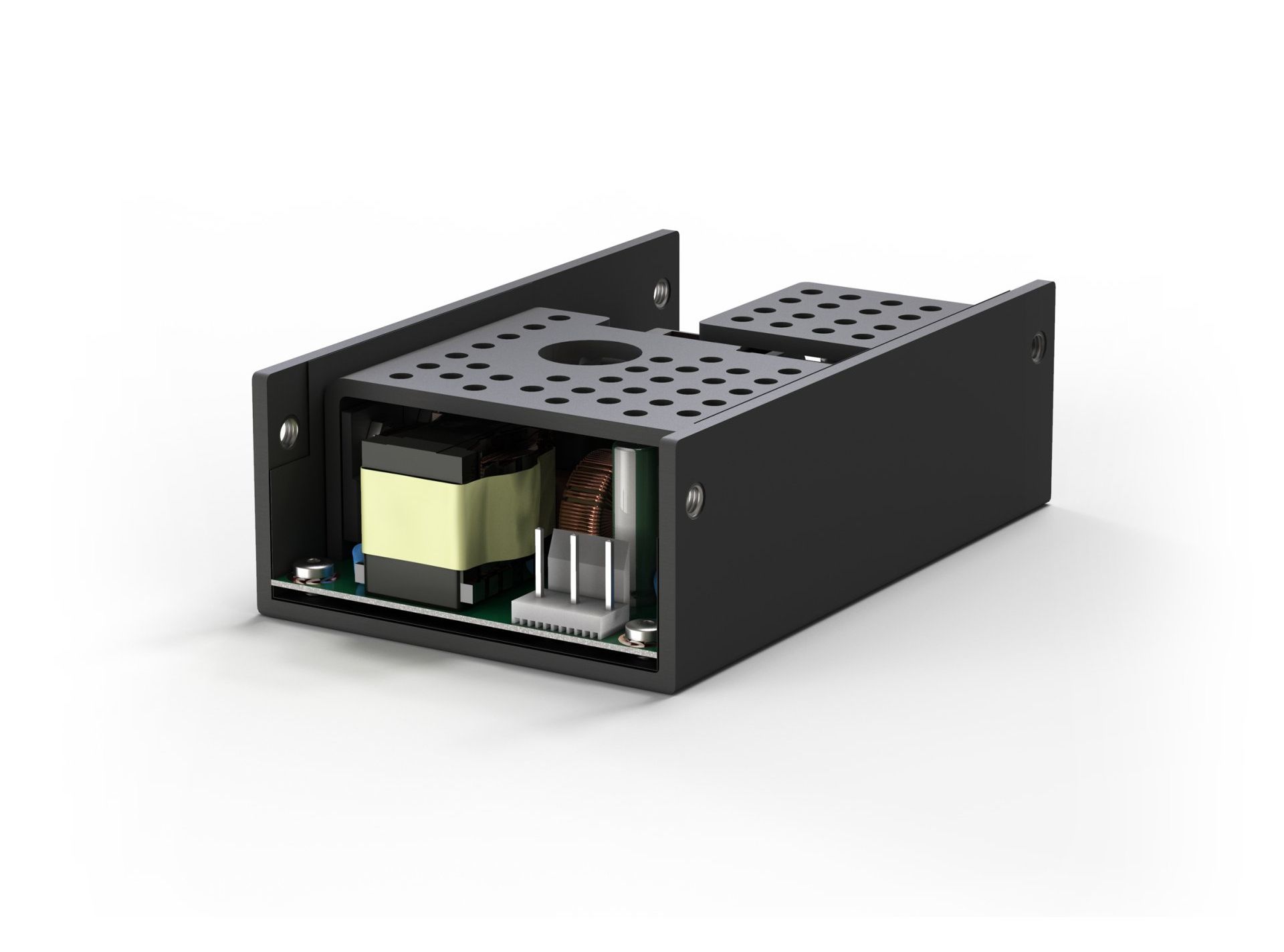 A close up 3d model of an open frame power supply on a white background.