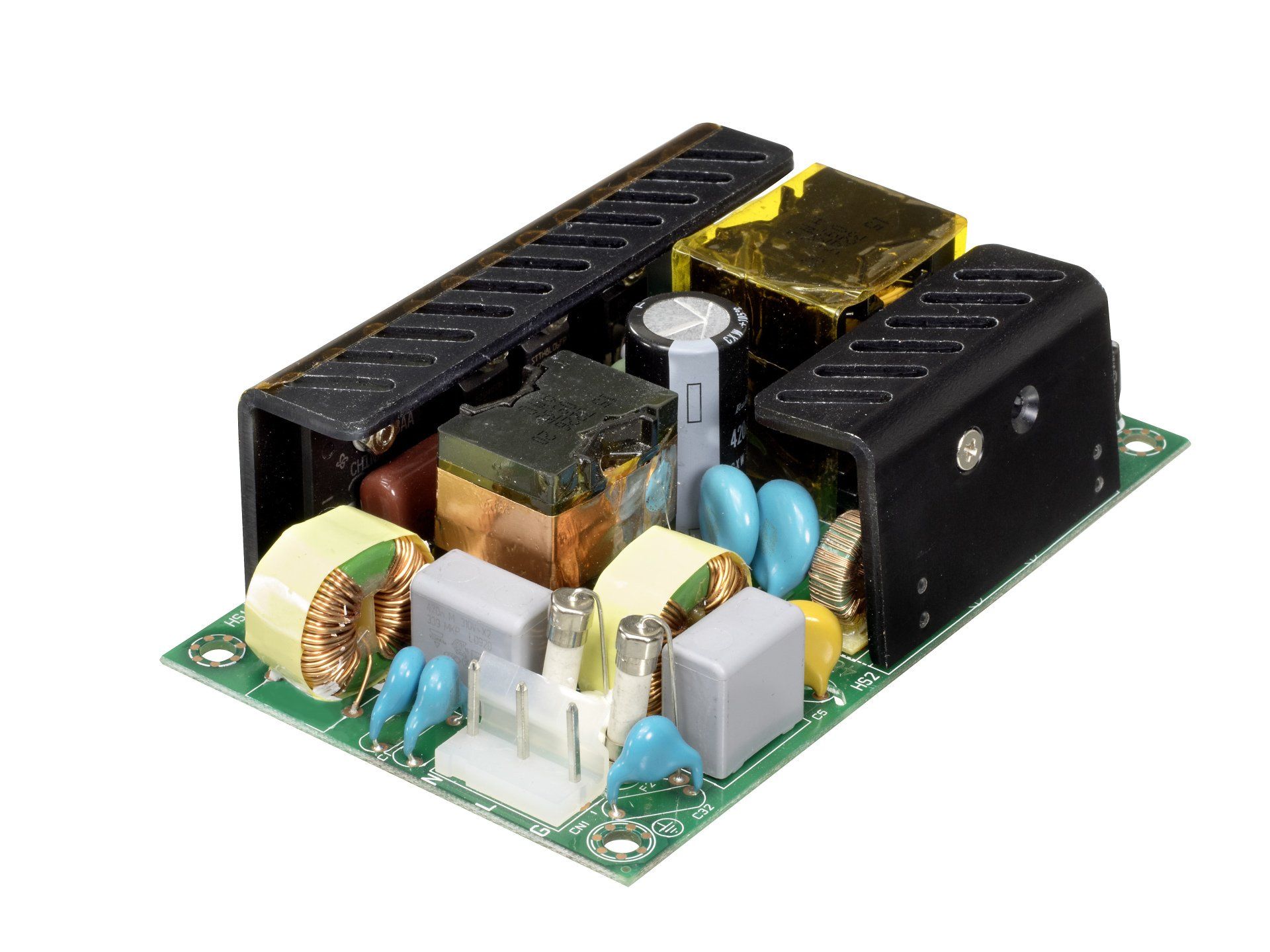 A black power supply is sitting on a white surface