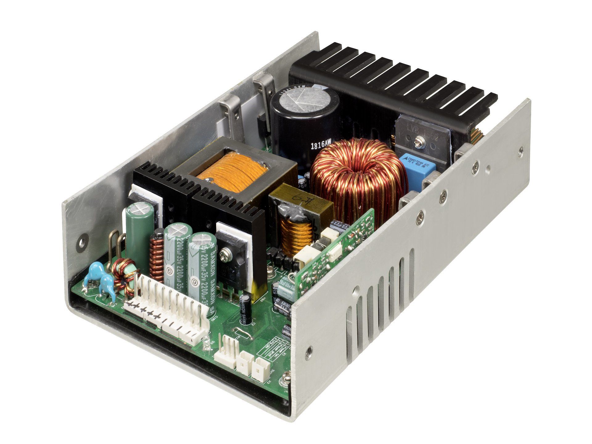 A black power supply is sitting on a white surface