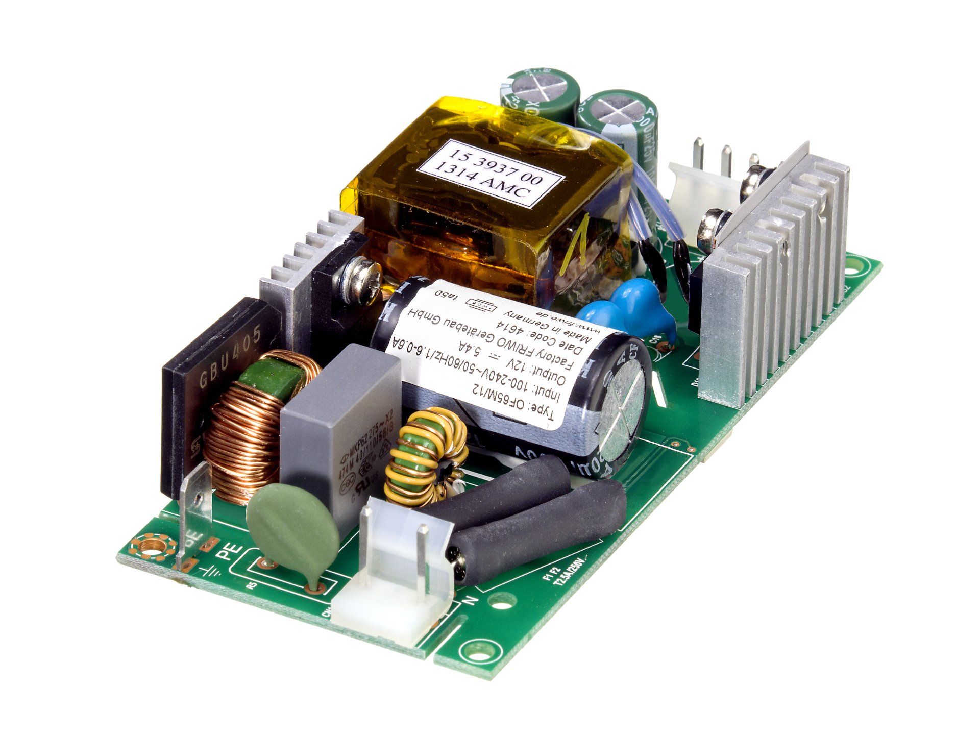 A 3d model of an open frame power supply on a white background