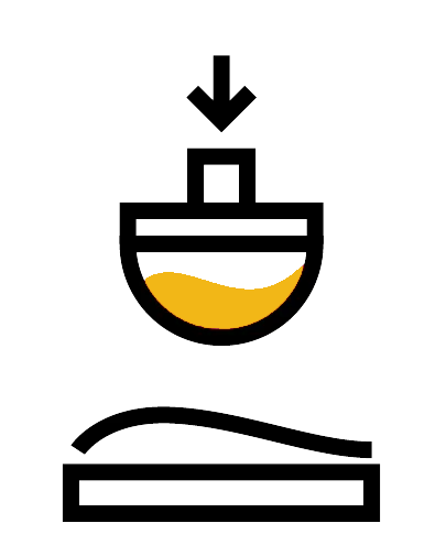 An icon of a pad printer  with an arrow pointing down.