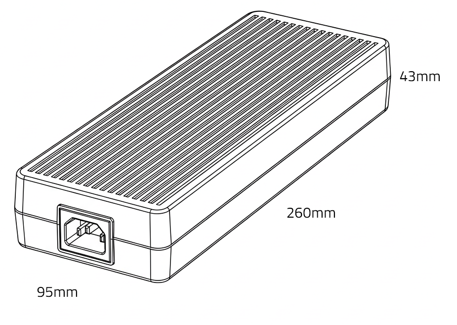 A black and white drawing of a desktop power supply with measurements on a white background.