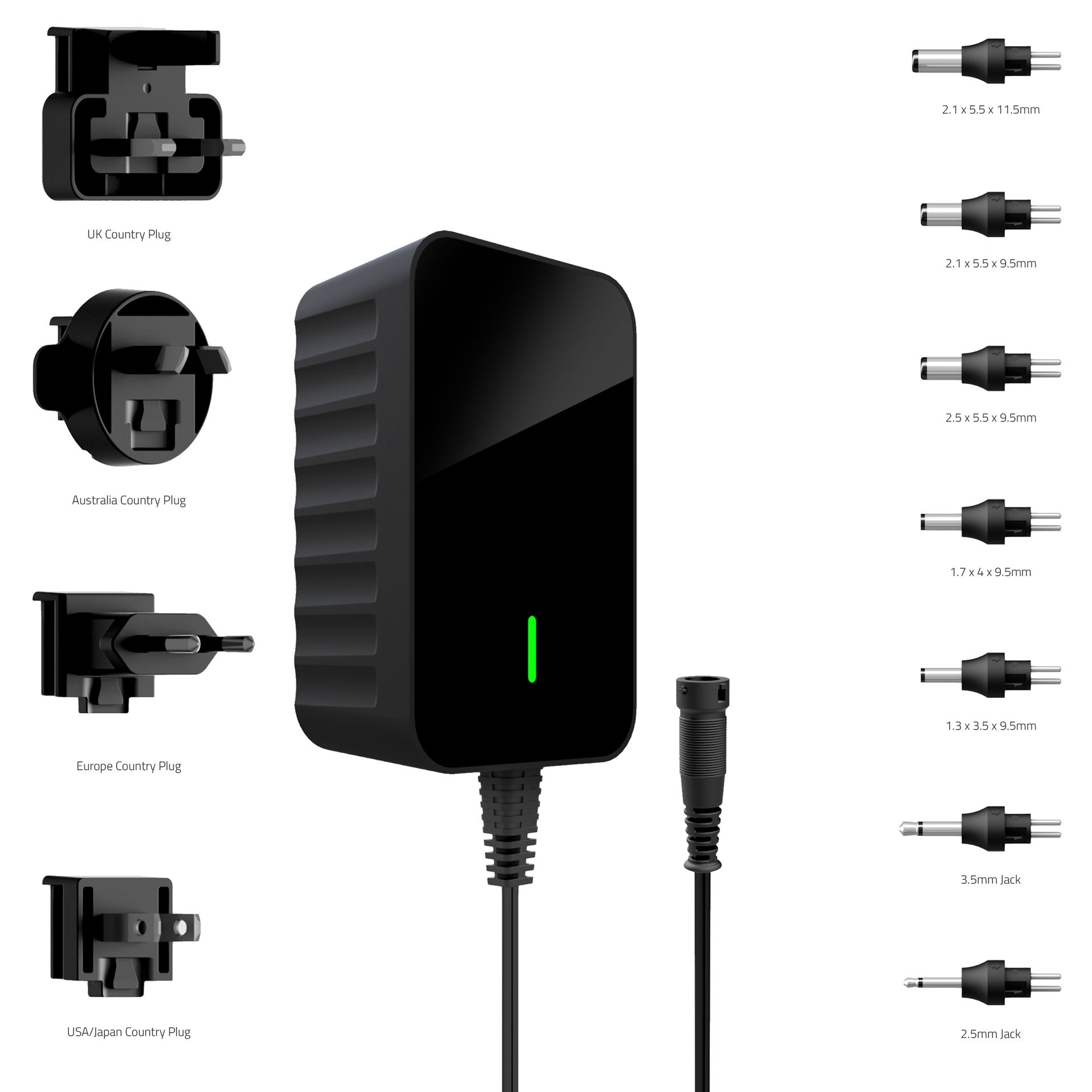 A black power supply with a green light on it is sitting on a white surface.