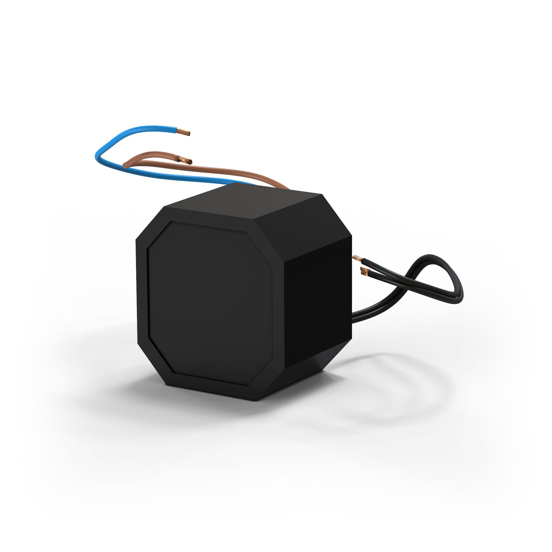 A black power supply is sitting on a white surface
