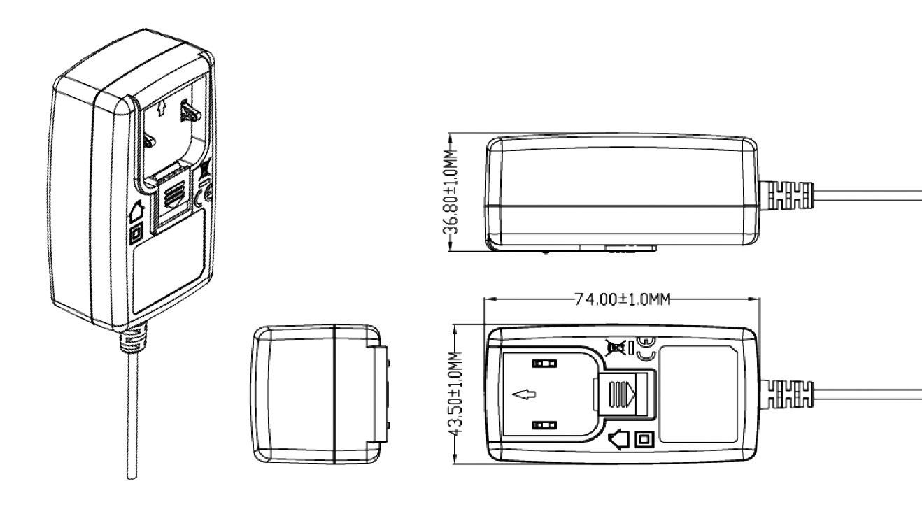 A black and white drawing of a power supply with measurements on a white background.
