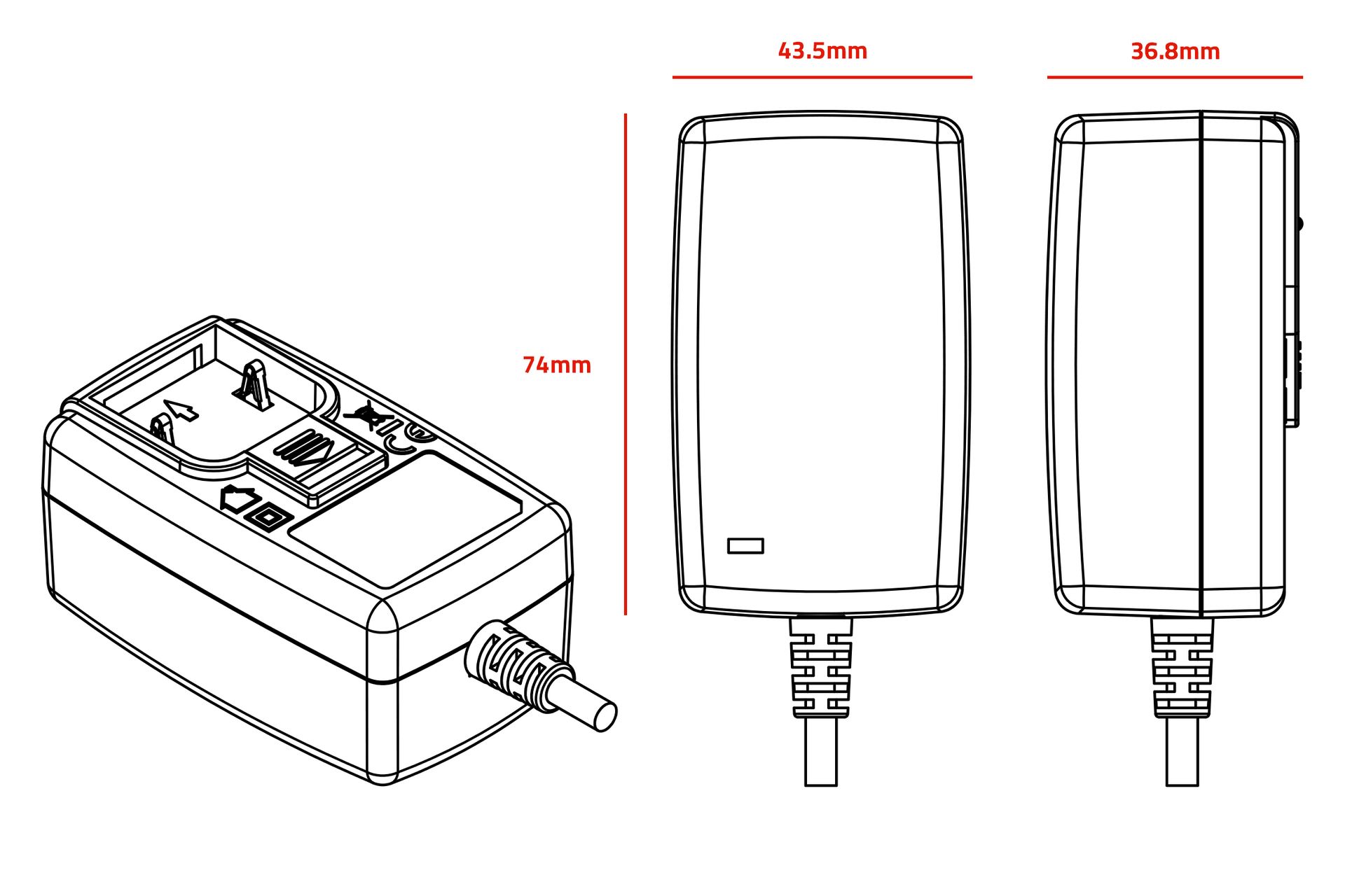 A black and white drawing of a power supply with measurements on a white background.