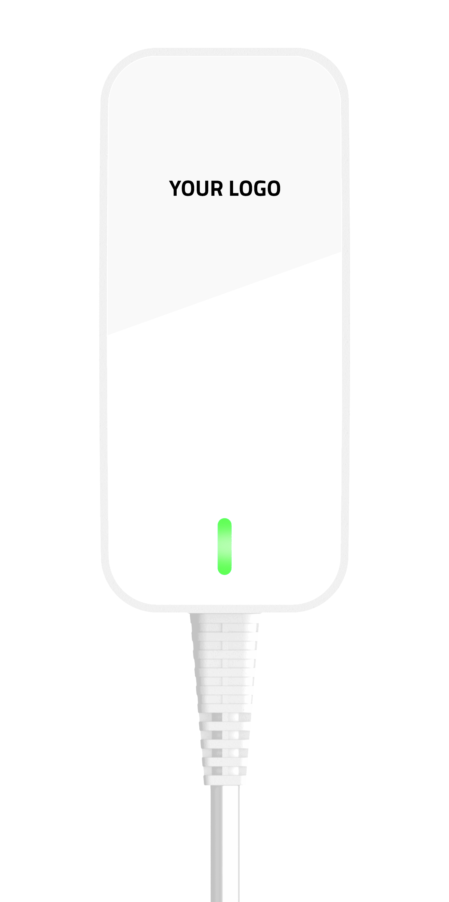 A white power supply charger with a green light on it.