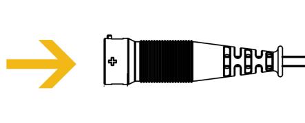 A yellow arrow pointing to the right next to a DC plug connector