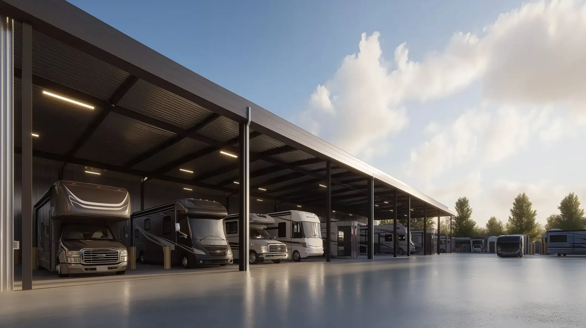 RV storage facility with multiple motorhomes parked under a covered structure, sunny day.