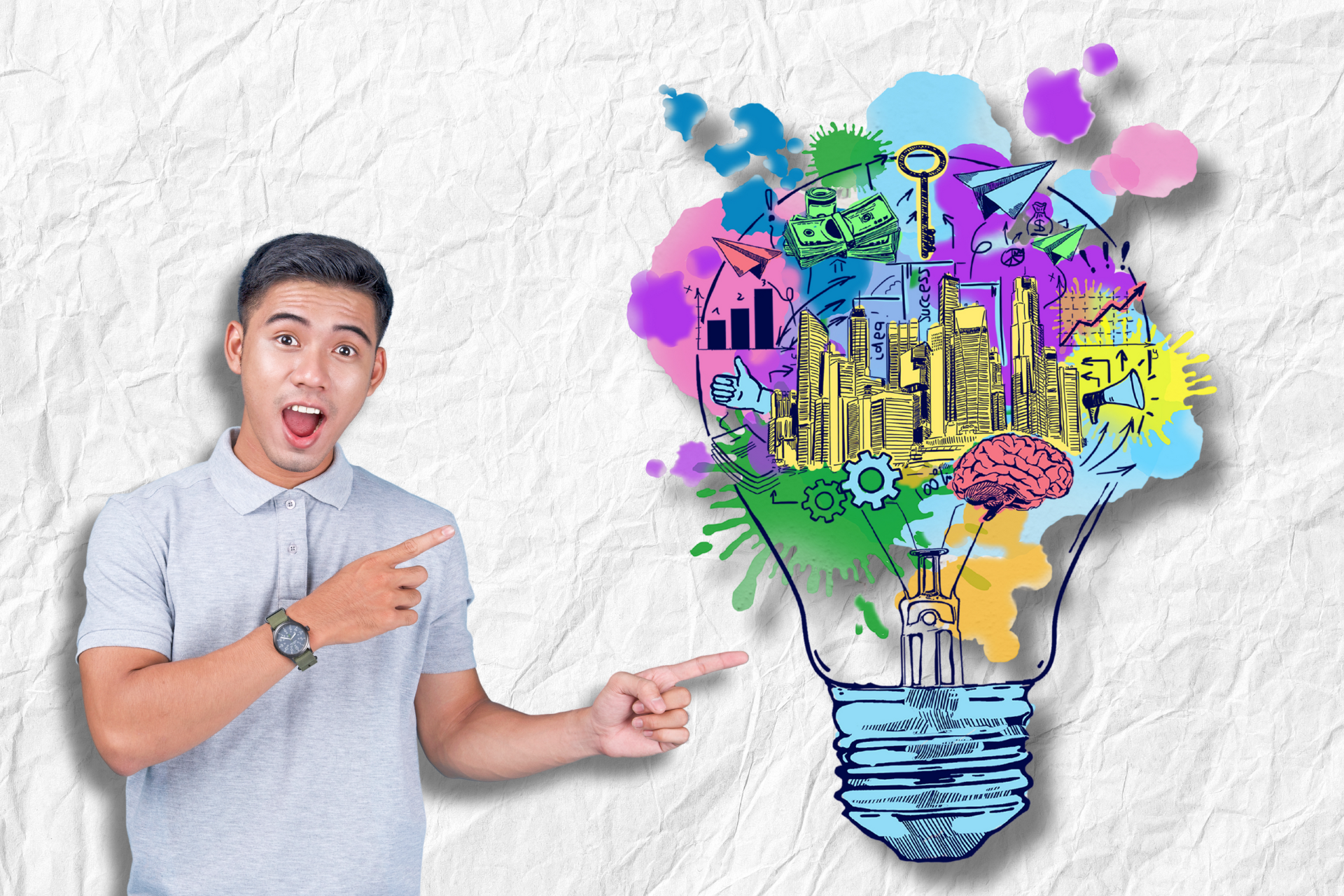 Man pointing at lightbulb graphic filled with colorful doodles, suggesting ideas.