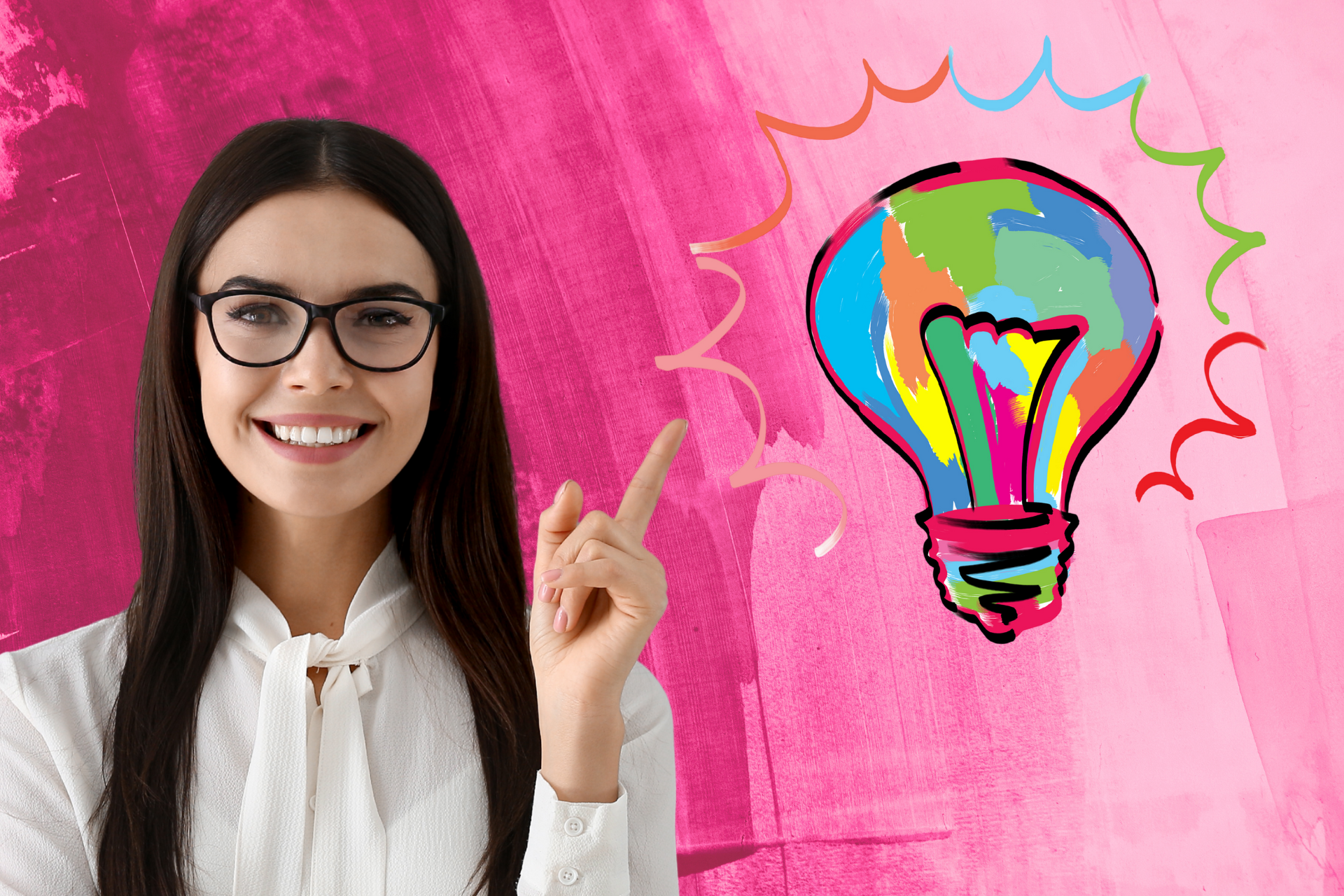 Woman pointing at a colorful lightbulb sketch on a pink background, smiling.