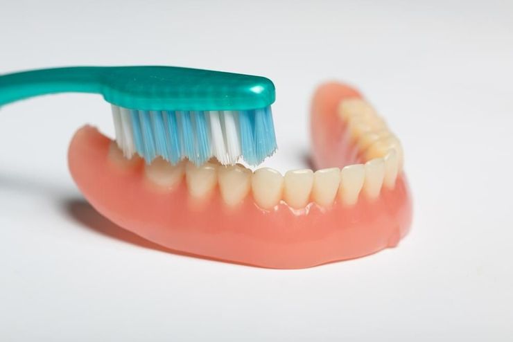 A Person is Brushing a Denture With a Toothbrush — Burleigh Heads Denture Clinic Gold Coast in Burleigh Heads, QLD A Person is Brushing a Denture With a Toothbrush — Burleigh Heads Denture Clinic Gold Coast in Burleigh Heads, QLD