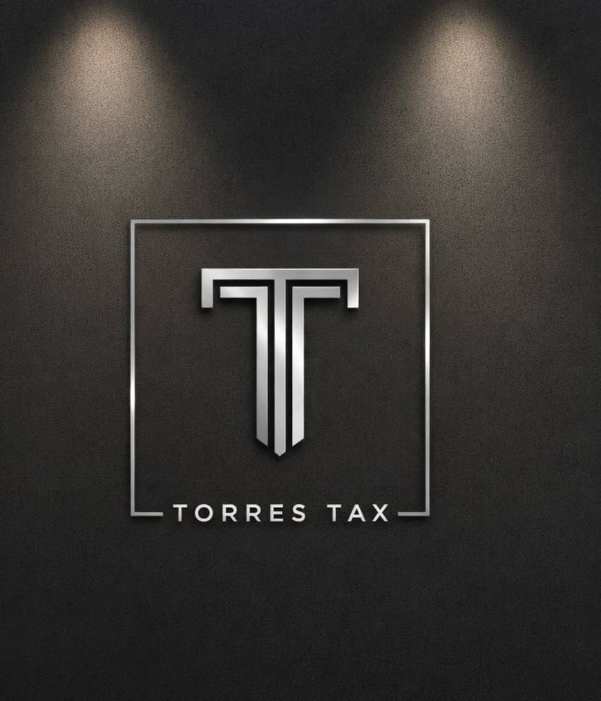 Torres Tax logo with stylized silver T inside a square on a dark background