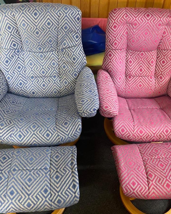 Two Blue and Pink Chairs Are Sitting Next to Each Other — Aztak Upholstery In Manunda, QLD