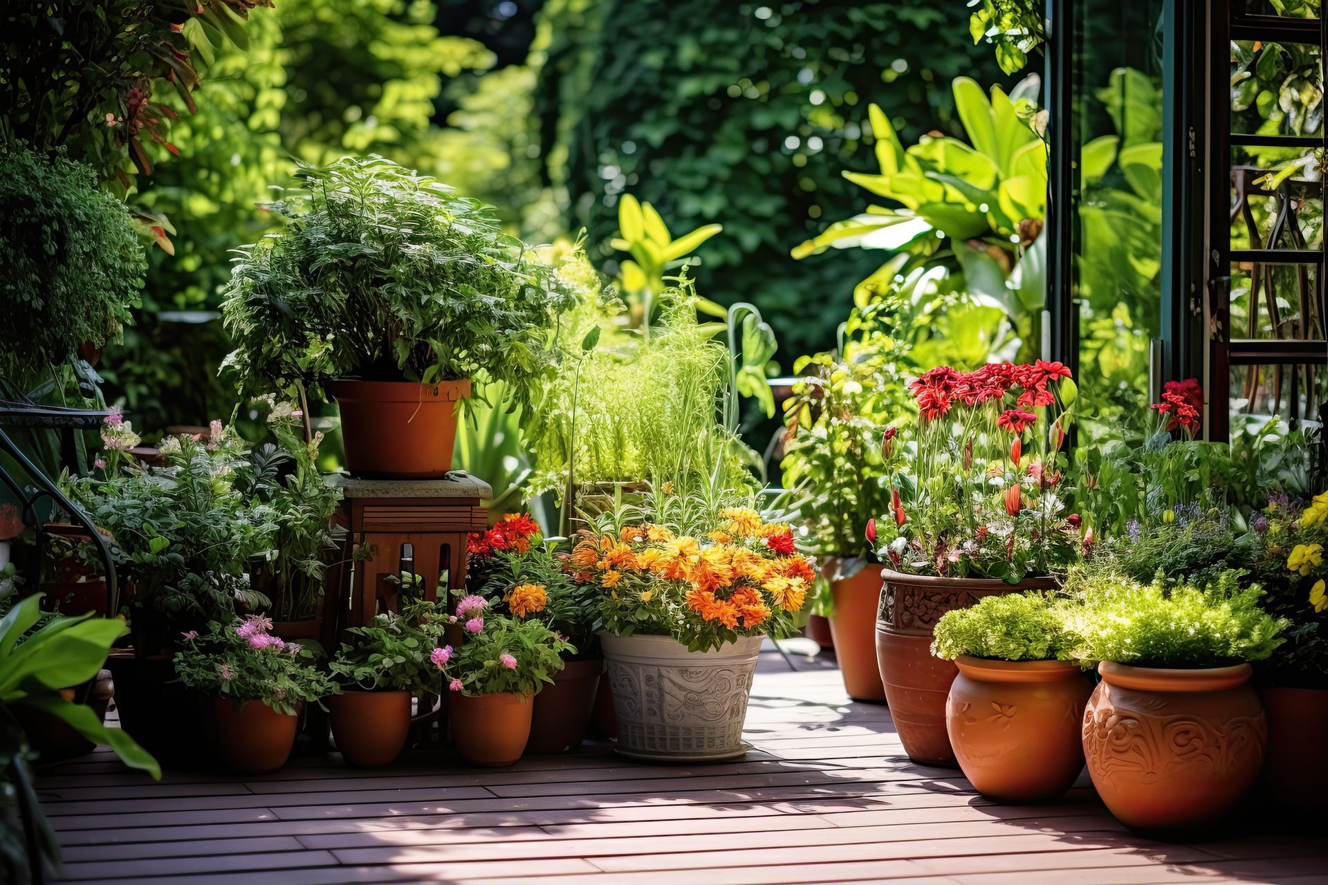 Ein Terrasse voller Topfpflanzen und Blumen.