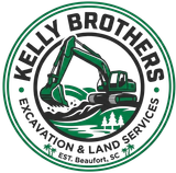 Kelly Brothers Excavation & Land Services logo with green excavator, trees, and “Est. Beaufort, SC” text