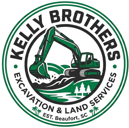 Kelly Brothers Excavation & Land Services logo with green excavator, trees, and “Est. Beaufort, SC” text