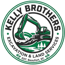 Kelly Brothers Excavation & Land Services logo with green excavator, trees, and “Est. Beaufort, SC” text