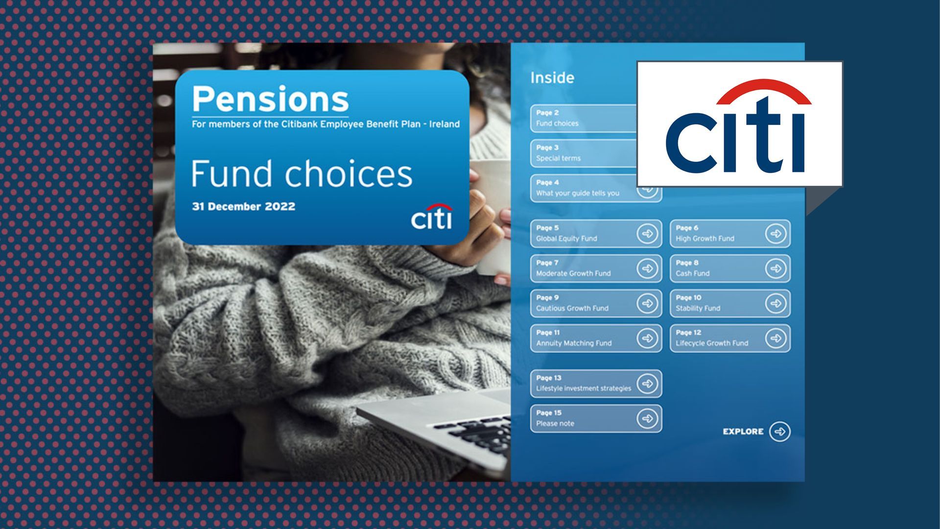 Citi pensions fund choices brochure and website screen in blue with cityscape background