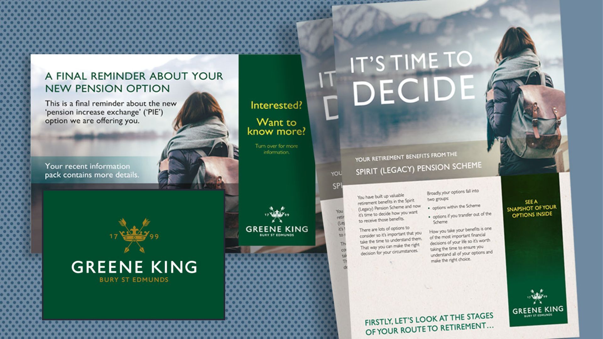 Greene King “It’s time to decide” brochure and leaflet with green and white design on a table