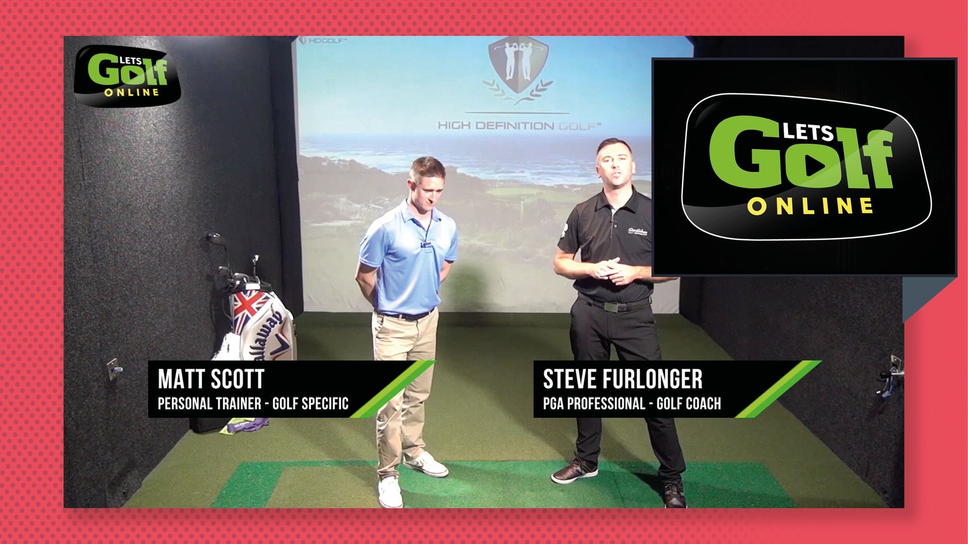 Golf simulator scene with two presenters and a “Let’s Golf Online” logo overlay.