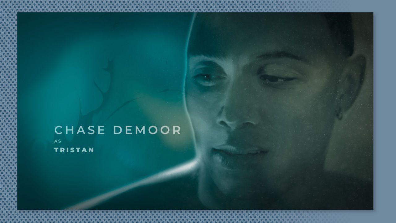 Teal-tinted portrait of a man, with the text “CHASE DEMOOR” and “TRISTAN” on the left.