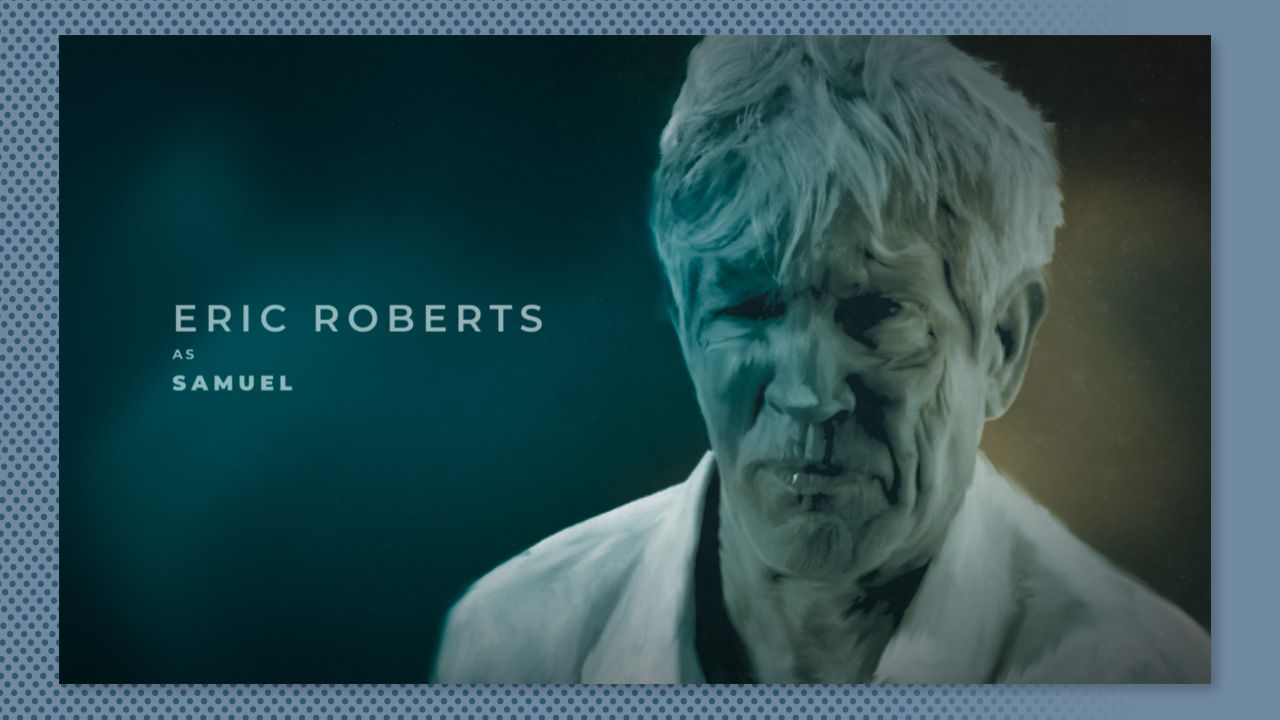 Portrait of a stern man on a teal background with text reading “ERIC ROBERTS” and “SAMUEL”