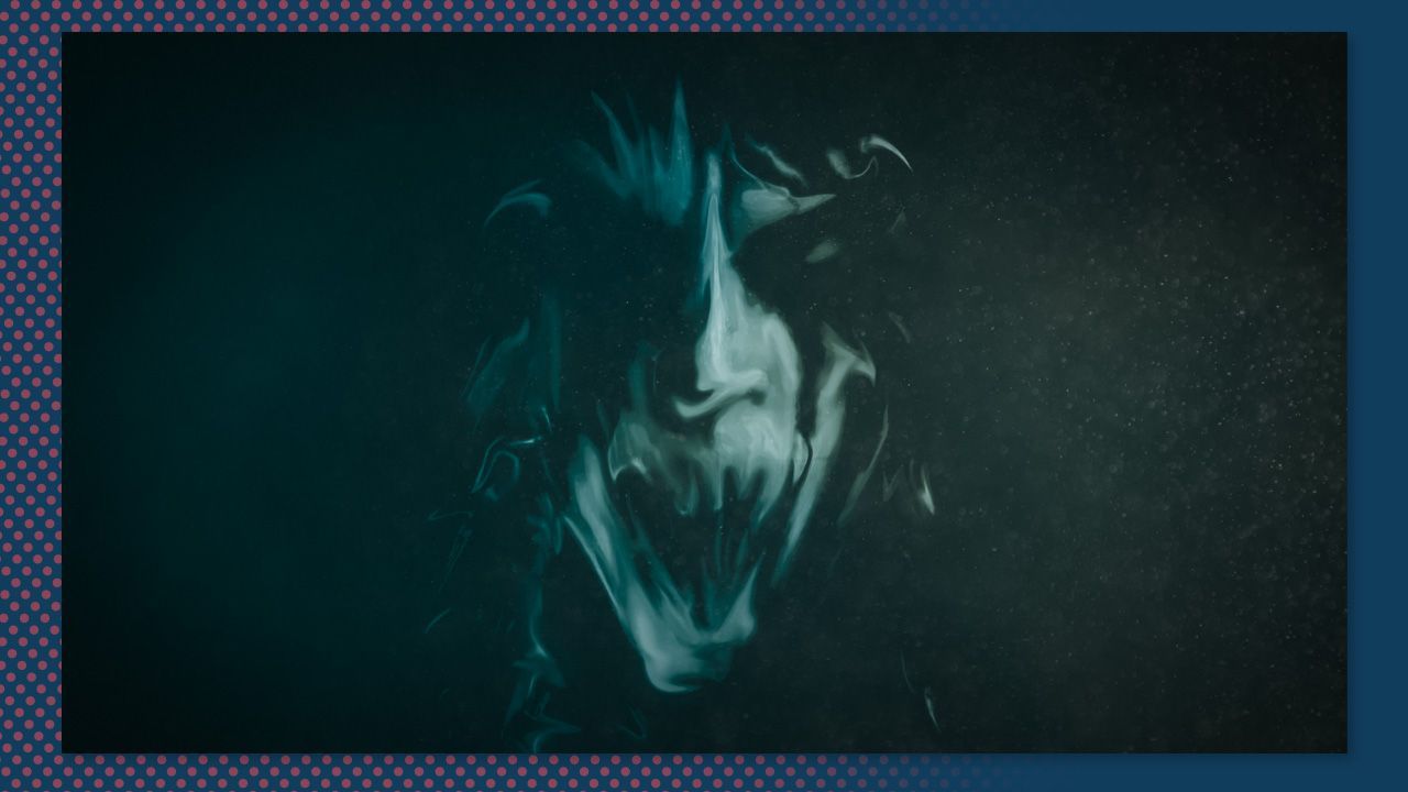 Dark teal horse portrait in low light, facing forward with a glowing mane