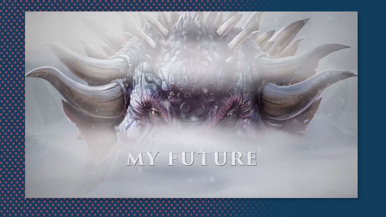 Misty fantasy creature with horns and glowing eyes above the words “MY FUTURE”