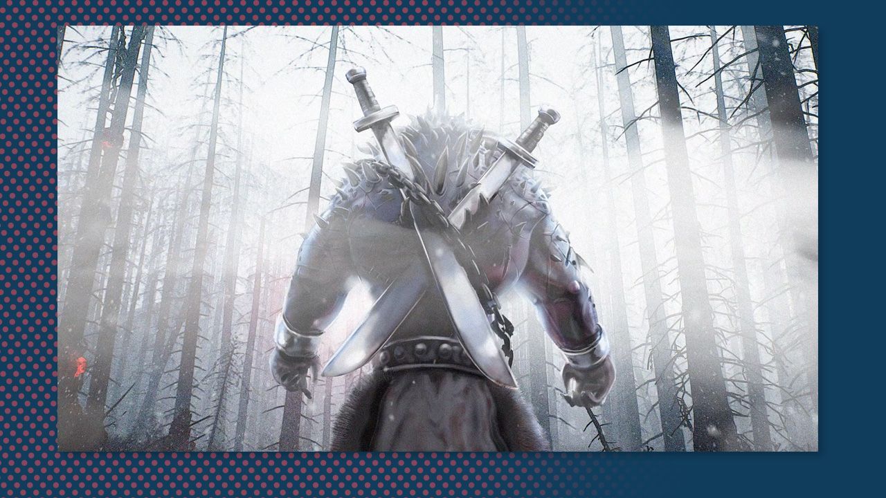Armored warrior with sword on back standing in a snowy forest among bare trees