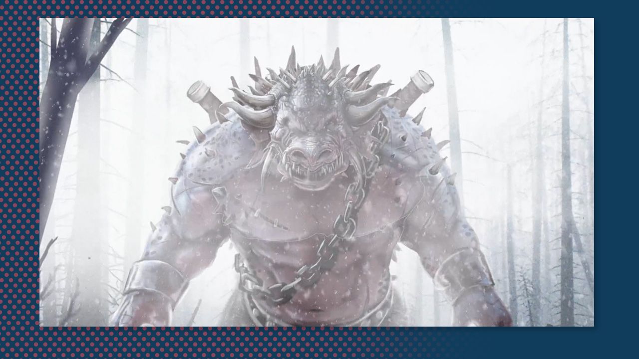 Snow-covered horned monster looming in a misty, frozen forest