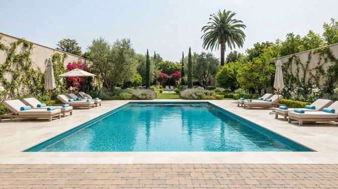 Rectangular outdoor pool with lounge chairs, palm trees, and umbrellas in a garden setting