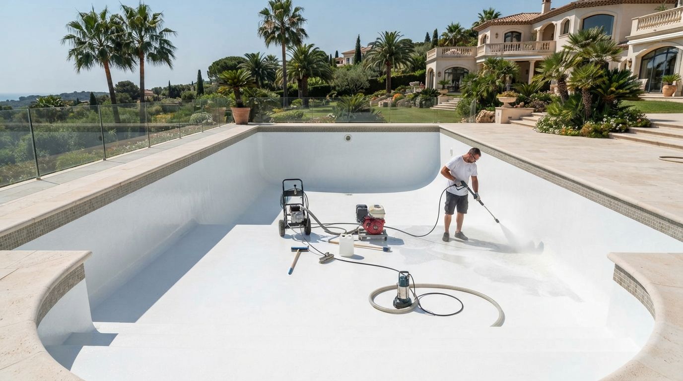 Pool workers painting an empty pool white with spray equipment