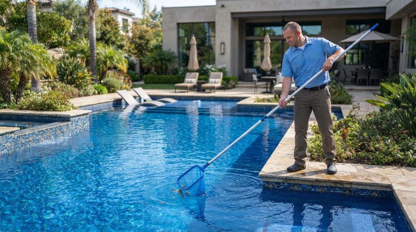 Man cleaning a blue swimming pool with a long net beside a modern house and patio