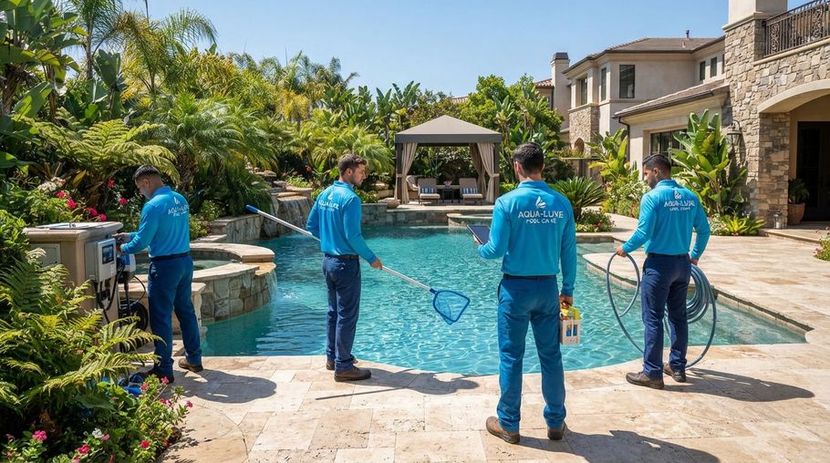 Four workers in blue shirts clean a backyard swimming pool beside a stone house and patio garden