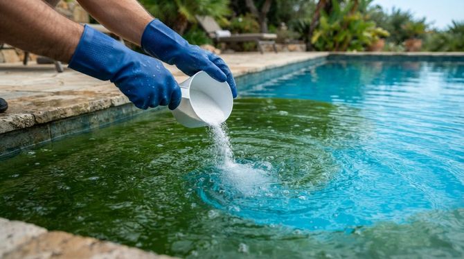 Gloved hands pour pool chemical into a green swimming pool near the edge