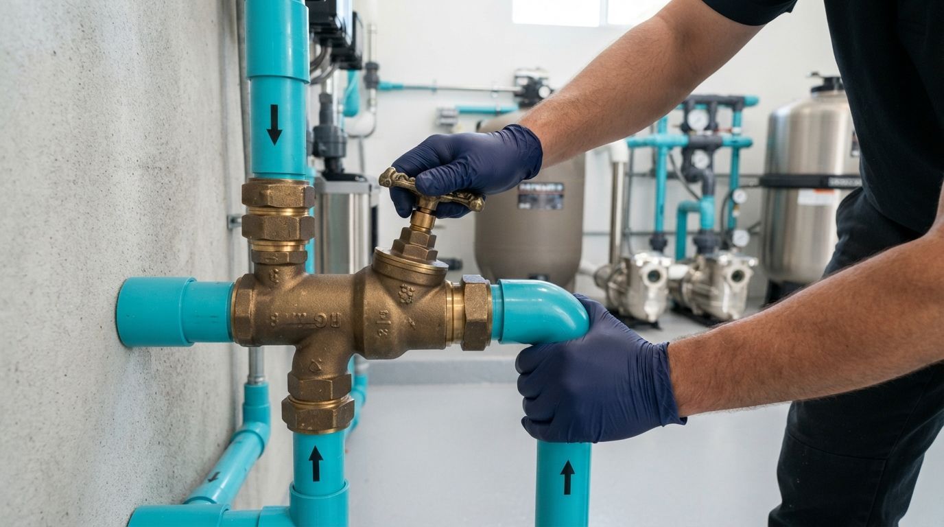 Gloved technician adjusting a brass pipe valve in a blue plumbing system