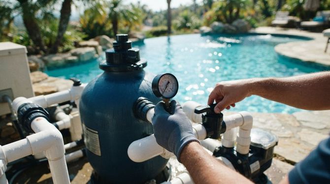 Hands adjusting pool filter valves beside a sunny backyard swimming pool