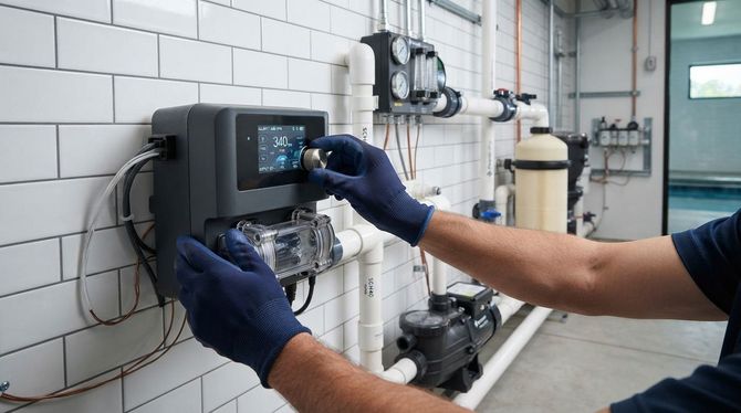 Technician adjusting a wall-mounted industrial control panel in a tiled utility room
