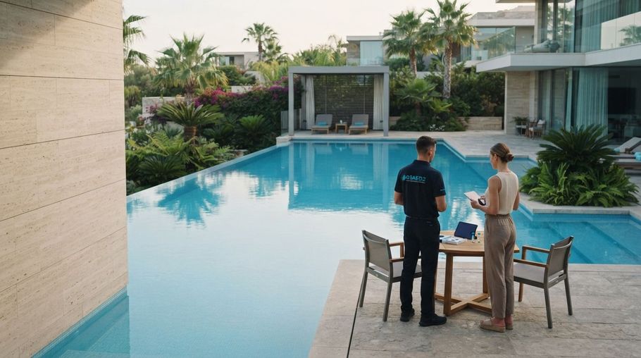 Two people standing by a poolside table beside a large resort pool at sunset