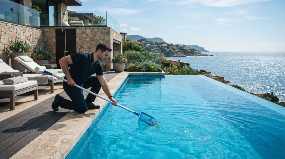 Person cleaning a turquoise infinity pool beside a modern seaside villa.