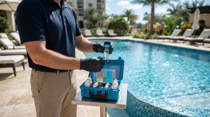 Person testing pool water with a digital meter beside a swimming pool