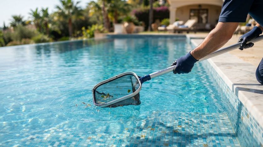 Person skimming debris from a clear blue swimming pool with a net