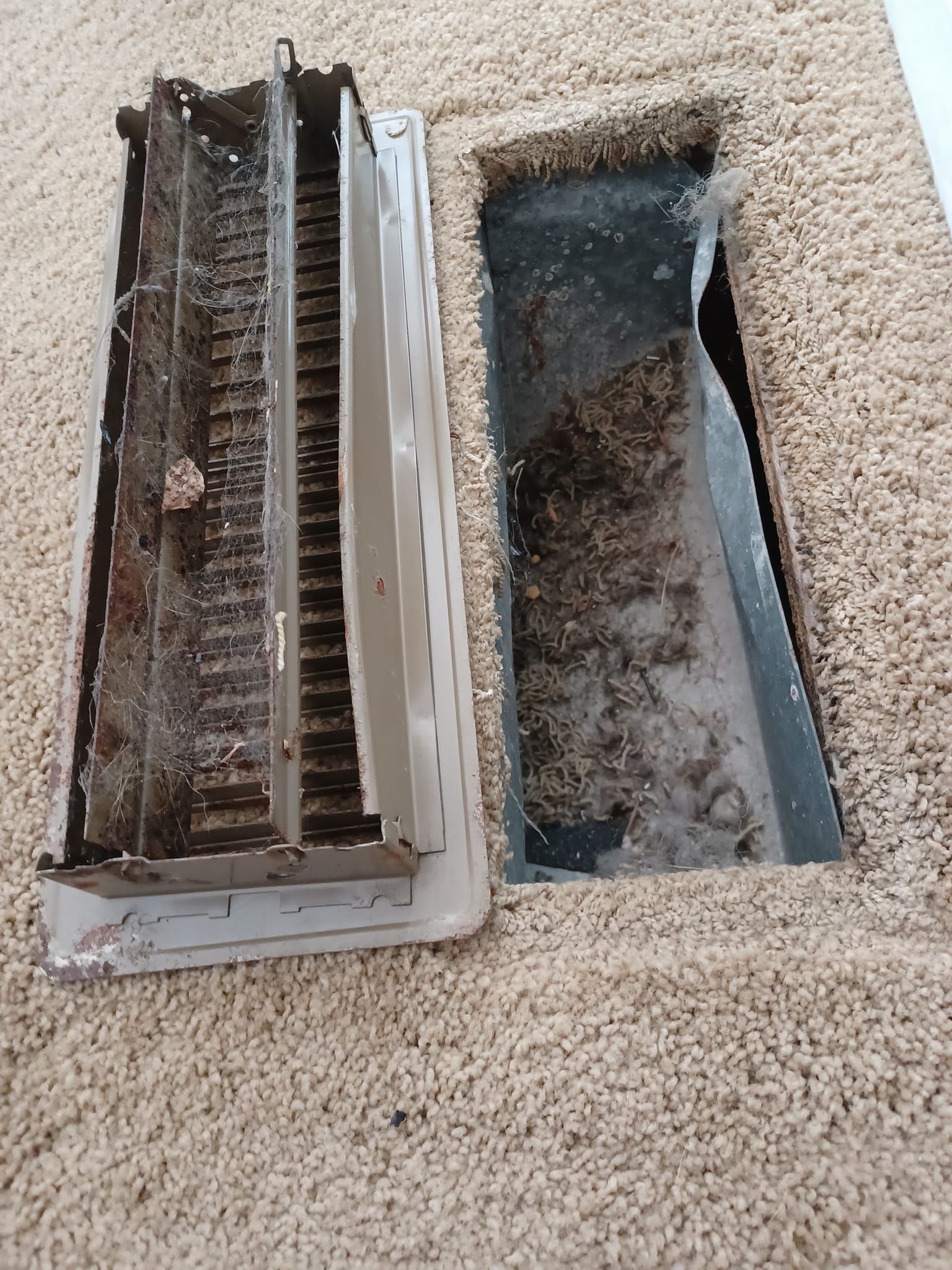 A dirty vent on a wall next to a clean vent.