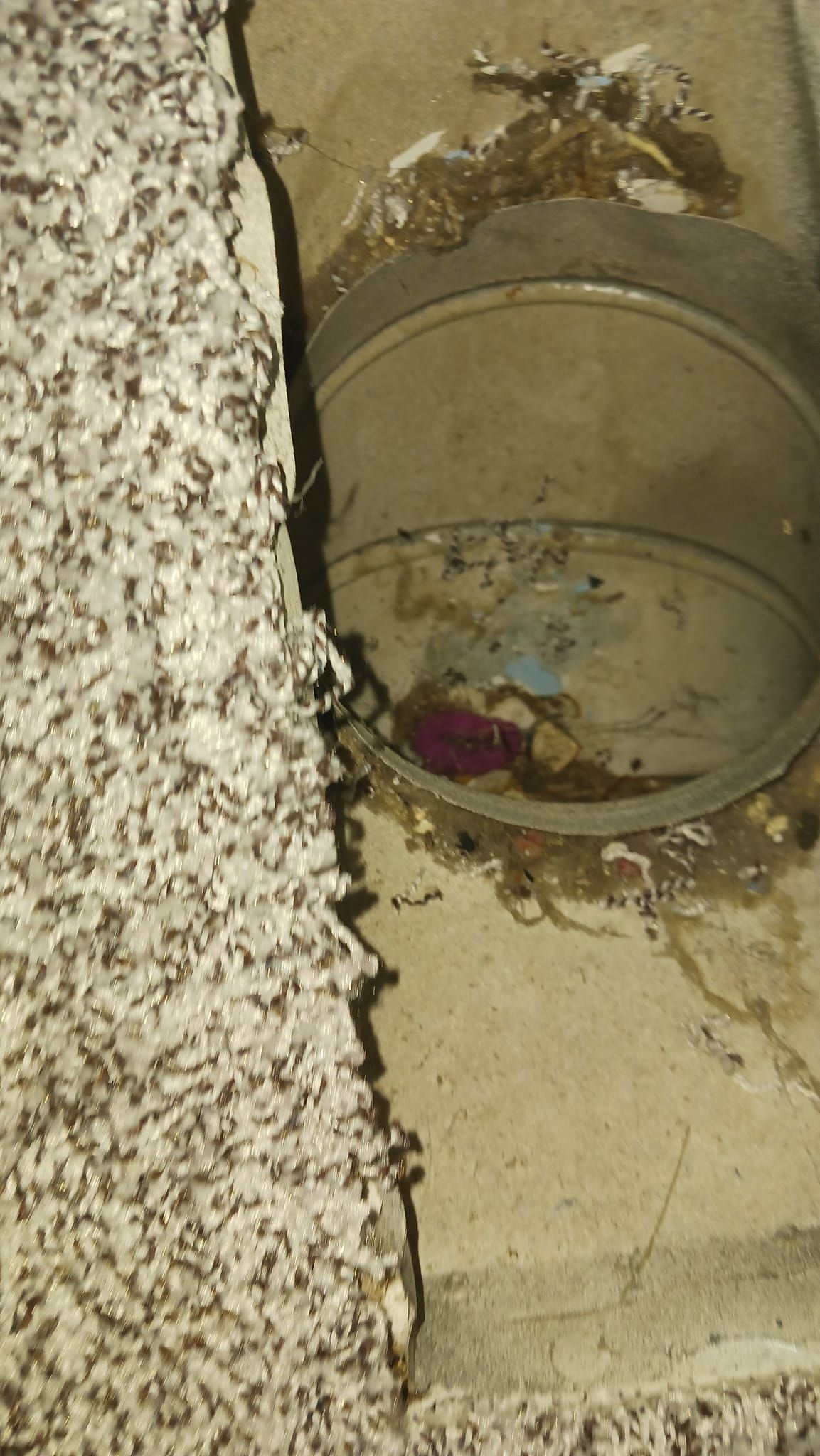 A close up of a hole in a wall next to a drain.