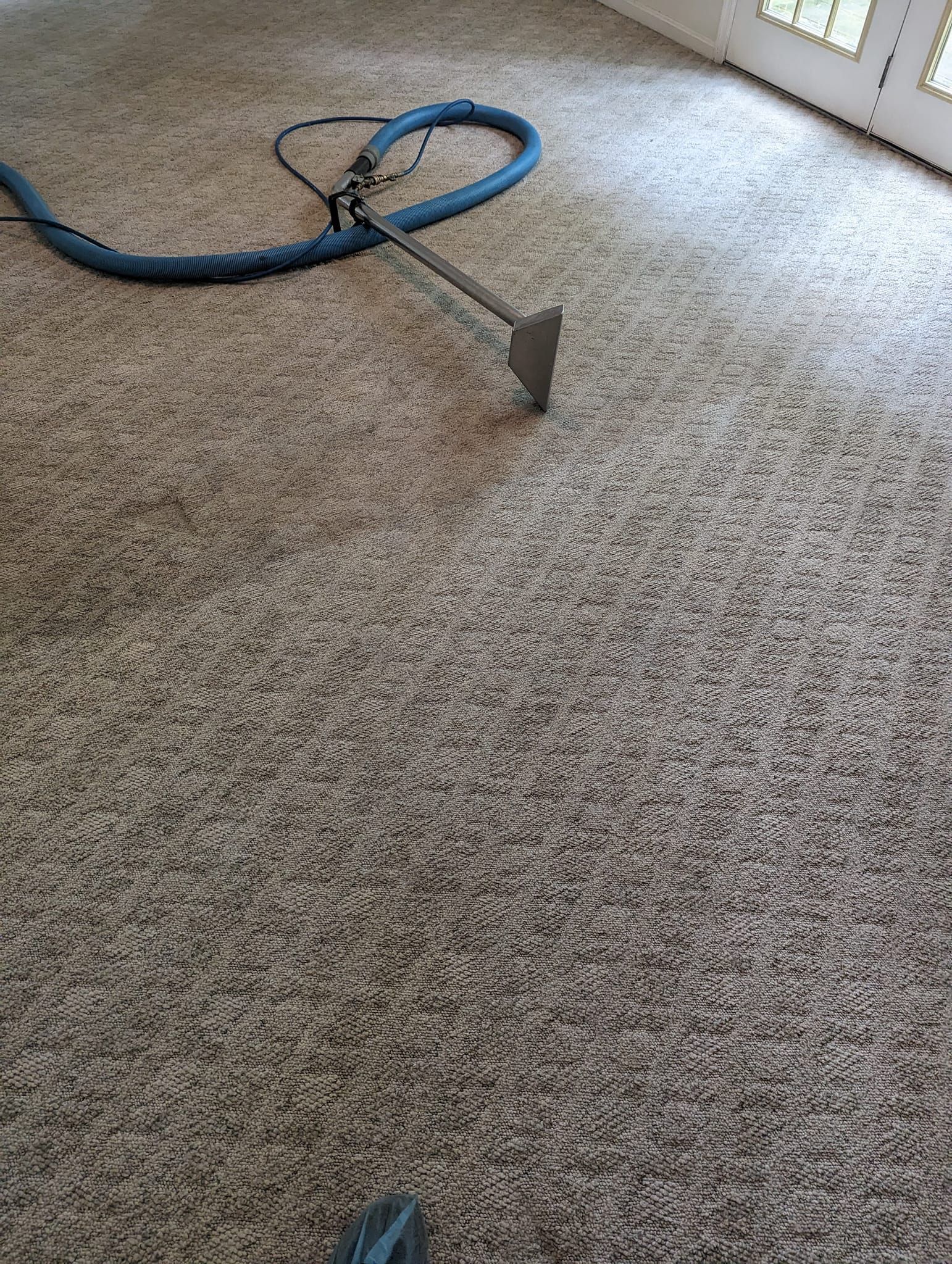 A vacuum cleaner is sitting on top of a carpet in a room.