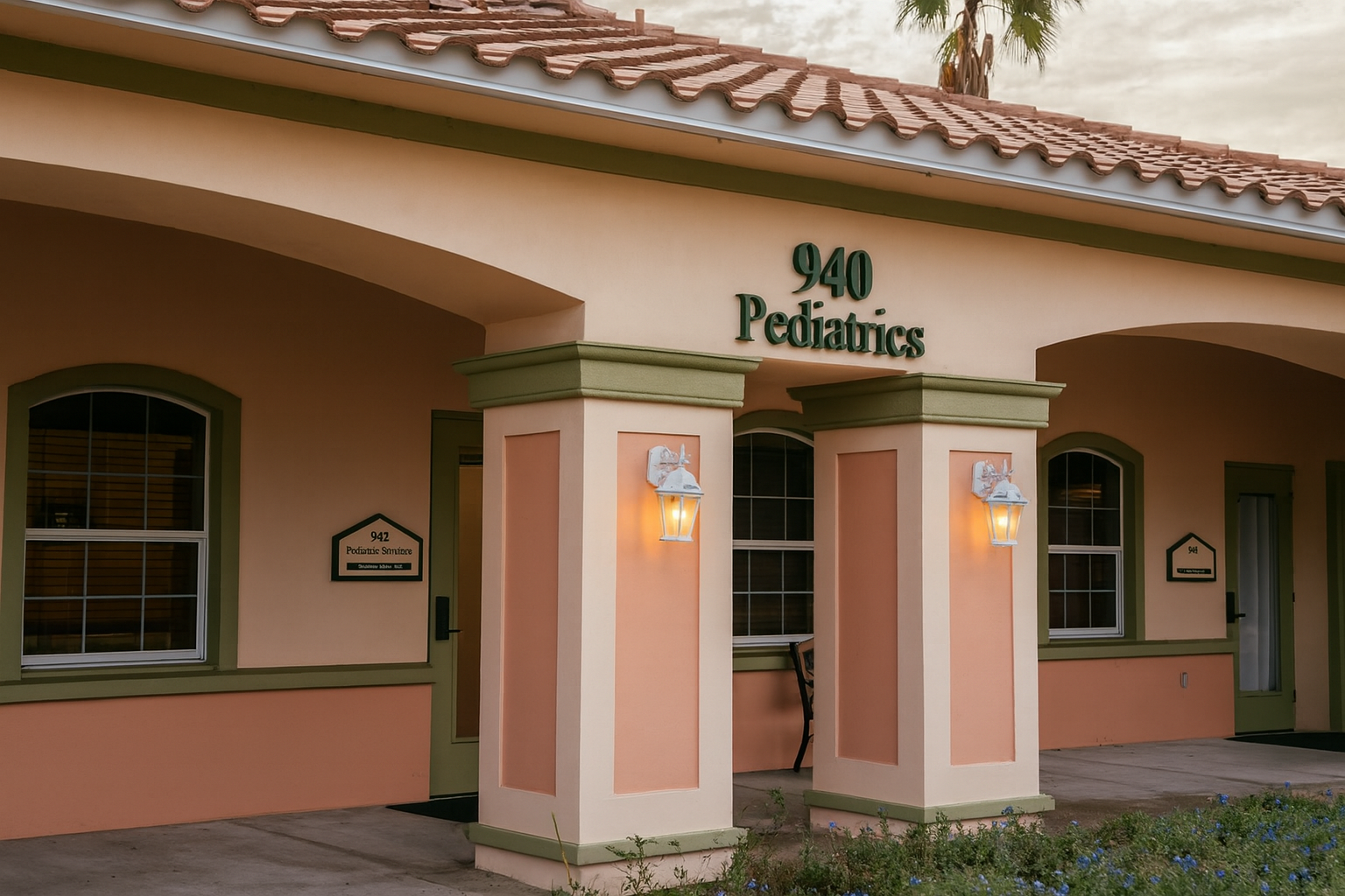 Exterior of a pediatric clinic at 940, with peach and green accents and arched entry.